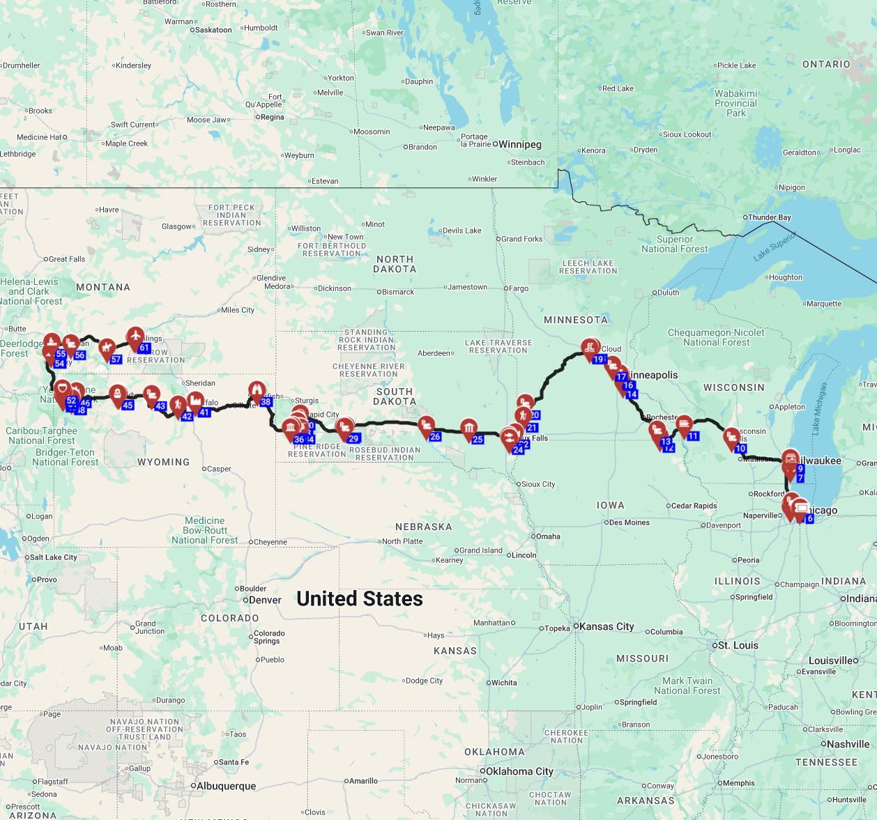 Map for Chicago to Billings - The Pioneers Loop History Heritage  Hot Springs